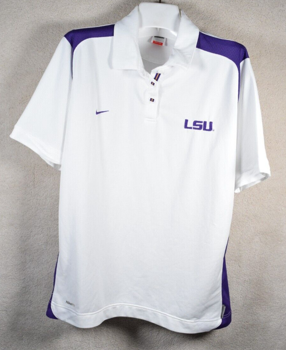 LSU TIGERS White Polo Sz L Purple Accents & Embroidery Nike Team Fit Dry VGUC